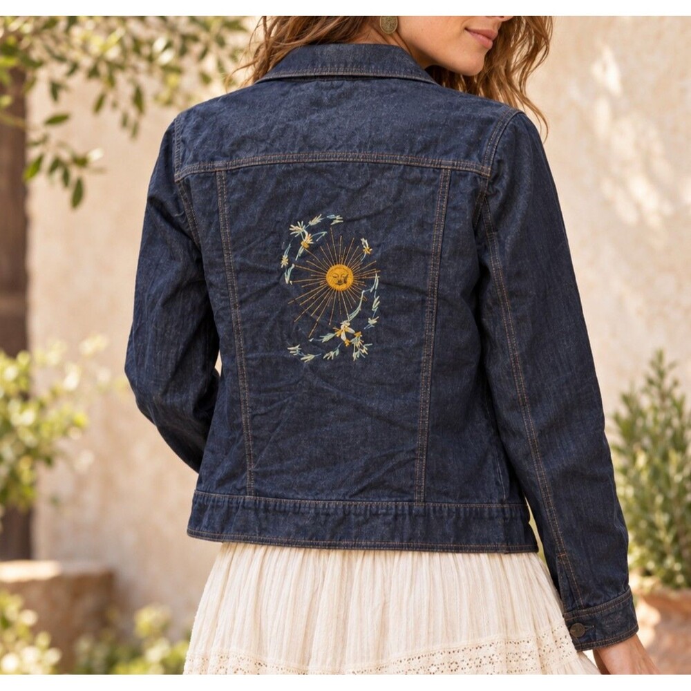 Vtg Denim Jacket Bird Sunshine Embroidered Button Front Selvedge Boho *Flaws*